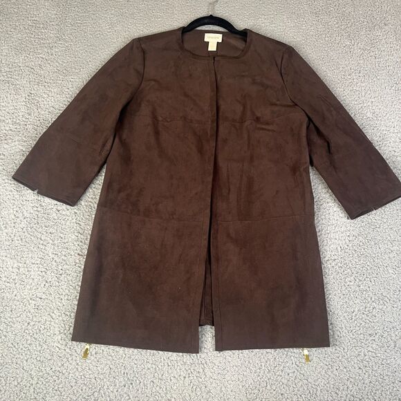 Chico's Faux Suede Jacket Womens 1 Brown Drape Stretch Slit Side Zippers Vegan